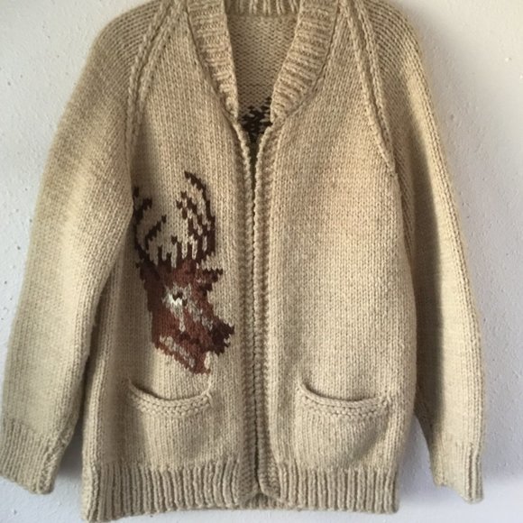 Hand Crafted Sweaters - Vintage Hand Knit Deer Cowichan Wool Cardigan